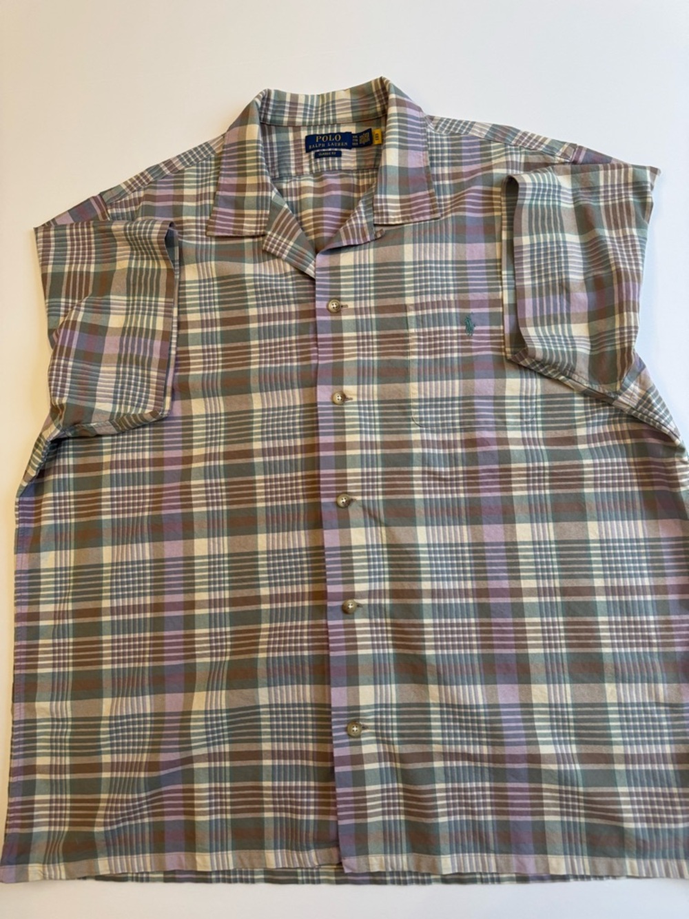Ralph Lauren Tan & Purple Plaid Short Sleeve Button-Down Shirt Size XXL